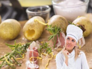 ingredienti vari e chef che riflette